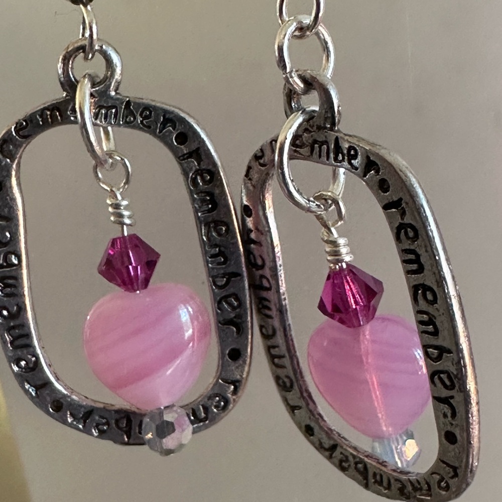 Silver 'Remember' Pink Heart and Purple Crystal Earrings